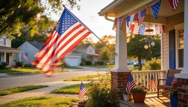 Fluttering american flag on suburban porch at golden hour with patriotic decorations
