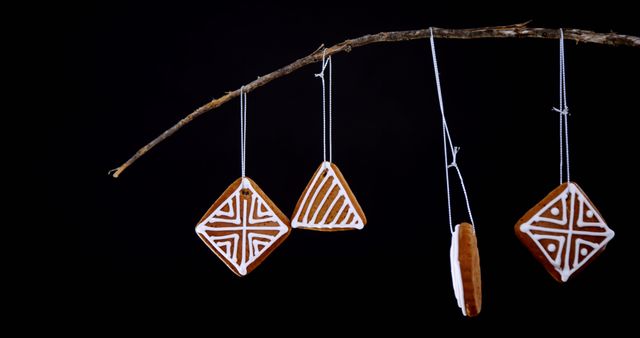 Hanging Geometric Gingerbread Cookies on Branch with Black Background - Download Free Stock Images Pikwizard.com
