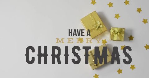 Festive Greeting Text with Gold Christmas Gifts and Stars