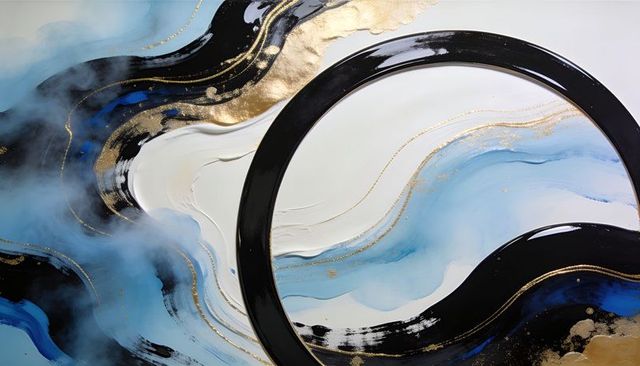 Glossy black ring over blue gold fluid abstract with white impasto and metallic accents