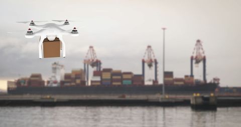 Drone Delivery Over Industrial Harbor with Cranes - Download Free Stock Images Pikwizard.com