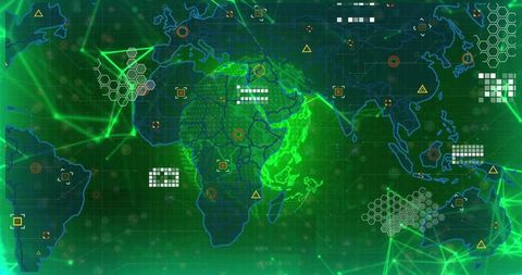 Neon green cyber world map dashboard highlighting africa network visualization