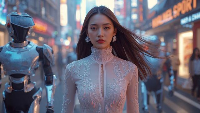 Futuristic Fashion Model with Robotics on Neon Urban Street