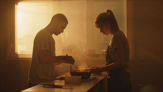 Couple cooking together at kitchen island during golden hour warm backlit silhouettes