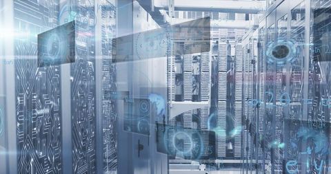 Futuristic Data Center with Digital Circuit Patterns and LED Lights