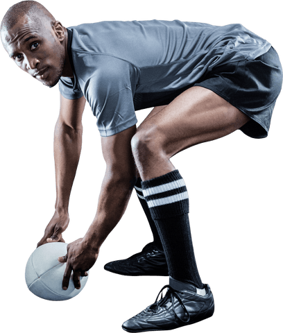 Transparent Portrait of Rugby Player Holding Ball Focused and Ready