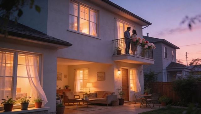 Couple enjoying romantic twilight on suburban balcony with flower planters