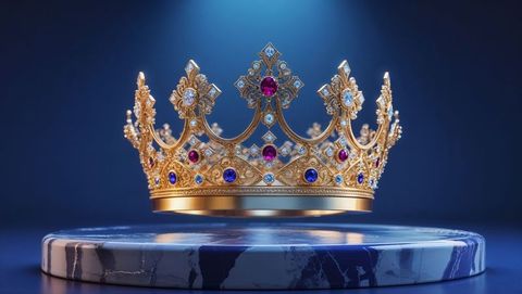 Opulent golden crown floating against spotlight background