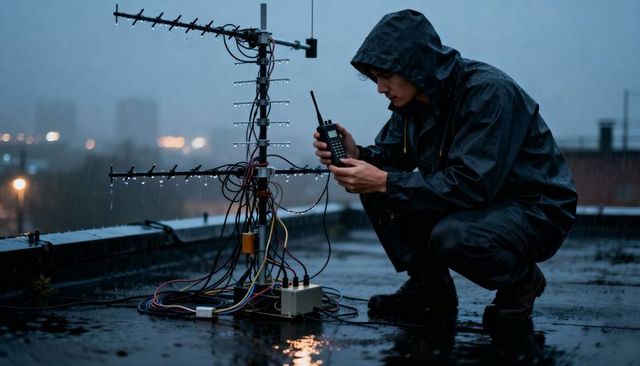Rooftop technician repairing yagi antenna in pouring rain, connecting cables at night