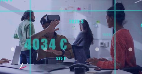 Business Meeting Innovates with Virtual Reality and Financial Data Overlay