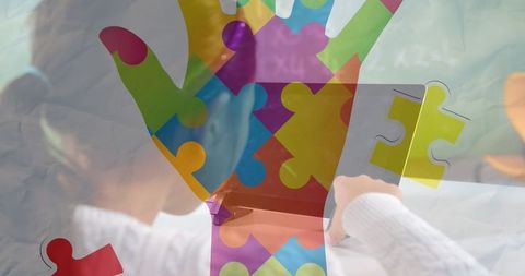 Child using tablet with puzzle overlay signifying creativity