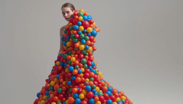 Model posing wearing avant-garde couture gown made from colorful plastic spheres editorial portrait