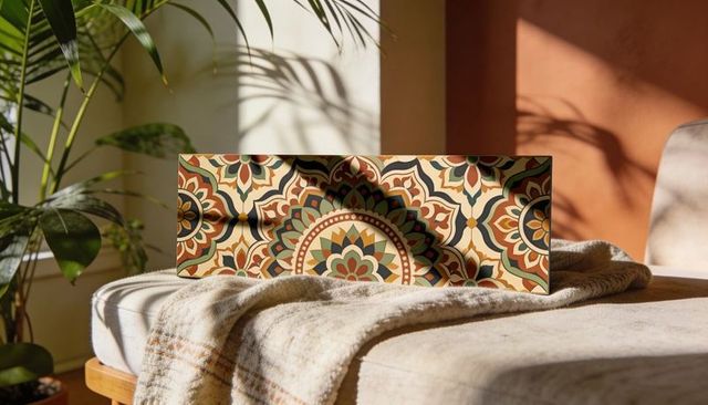 Sunlit boho mandala tile panel resting on bench with textured throw and palm shadows