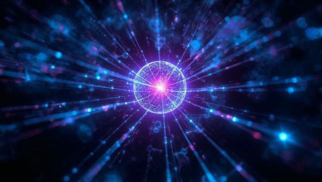 Neon wireframe orb radiating energy rays and particle trails in futuristic virtual space