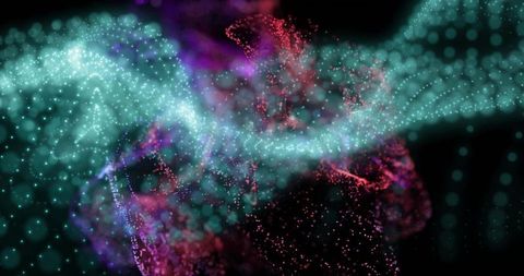 Flowing Turquoise Particle Ribbon Across Dark Digital Void with Magenta Nebula and Bokeh