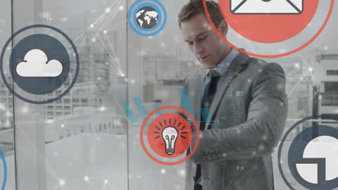Businessman Using Smartwatch with Digital Icons Overlaid