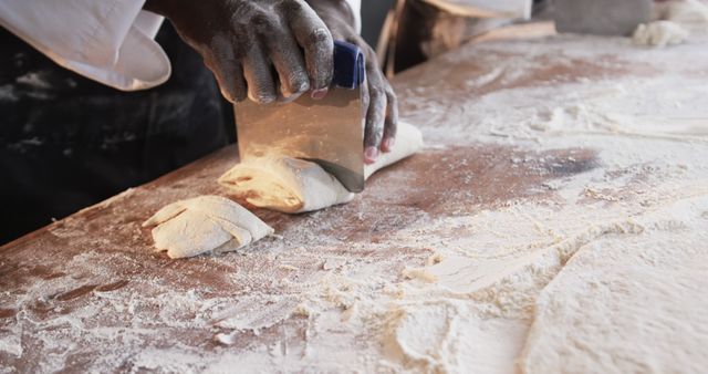 Chef Cutting Fresh Dough on Floured Wooden Surface - Download Free Stock Images Pikwizard.com