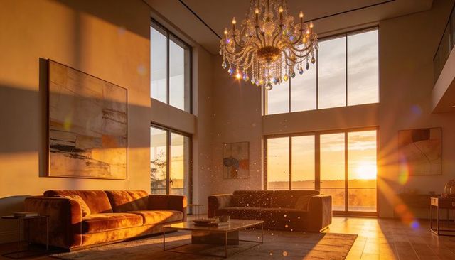 Sunset-lit luxury living room with velvet terracotta sofa and sparkling crystal chandelier