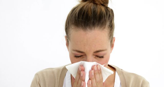 Woman Sneezing into Tissue against White Background - Download Free Stock Images Pikwizard.com