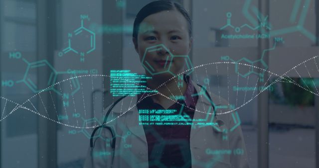 A female doctor analyzes medical data alongside imagery of DNA and chemical structures. - Download Free Stock Photos Pikwizard.com