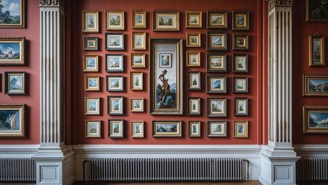 Elegant art collection displayed on red wall with antique frames