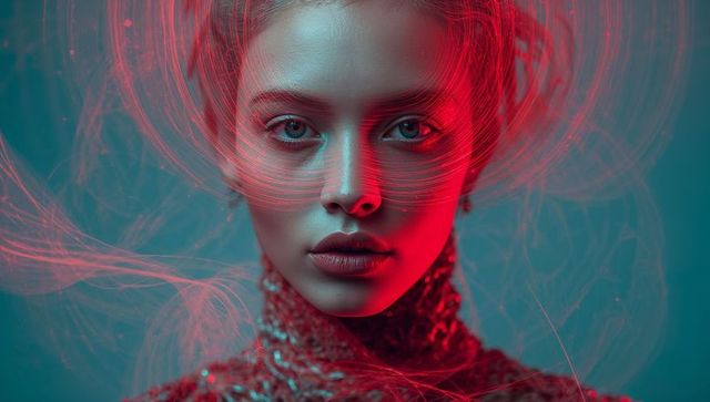 Futuristic Filament Halo Portrait Wearing Woven Metallic High-Neck in Teal Magenta Light