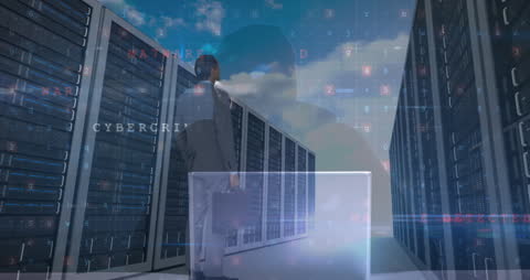 Businessman Standing in Data Center with Animation Overlays