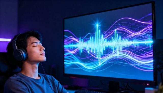 Young man listening with headphones relaxing to neon waveform on gaming monitor