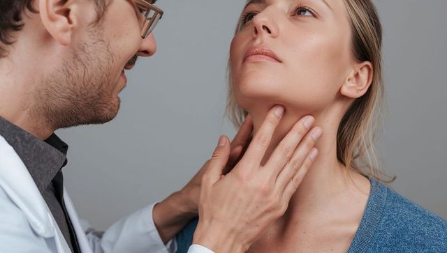 Doctor palpating patient neck for thyroid examination, close-up clinical consultation