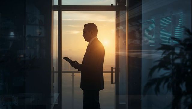 Executive silhouette checking tablet in high-rise office at sunset with glass reflections