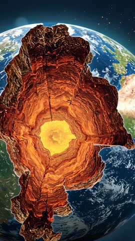 Vertical 3D Earth Opening, Revealing Glowing Core in Animated Cross-Section for Science Visuals