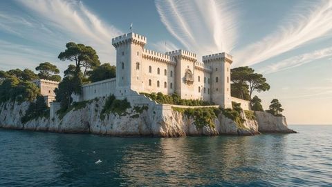 Grand medieval fortress on seaside cliff in trieste, italy with majestic sky