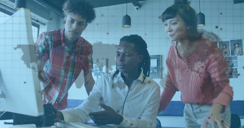 Diverse Team Collaborating with Global Data Visualization