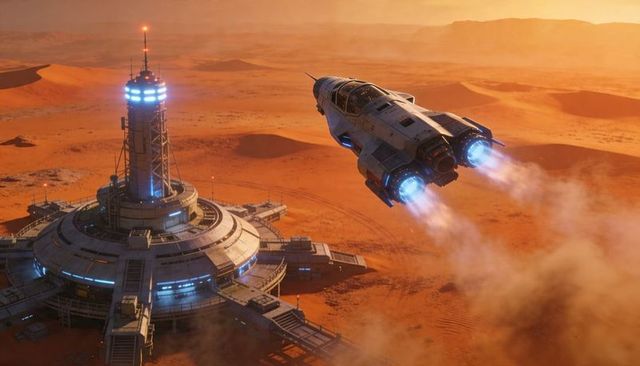 Futuristic spacecraft launching from circular desert outpost at sunset with triple thrusters