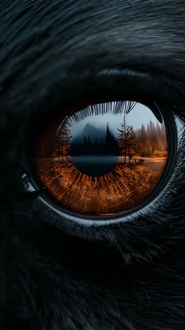 Cinematic vertical footage of canine eye reflecting forest lake at dusk, blinking glint