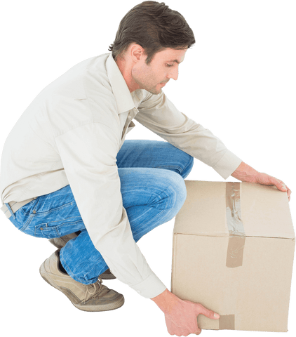 crouching delivery worker picking up transparent cardboard box - Download Free Stock Videos Pikwizard.com