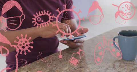 Man interacting with smartphone amidst health technology icons