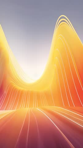 Vertical abstract video of glowing ribbon waves rising on warm gradient with white lines