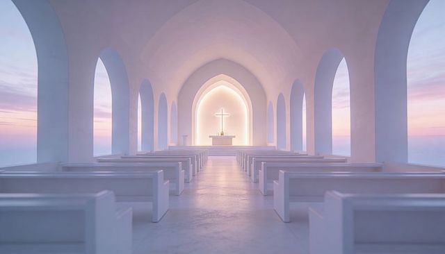 Pastel-lit minimal chapel interior showing symmetrical central aisle leading to glowing altar cross