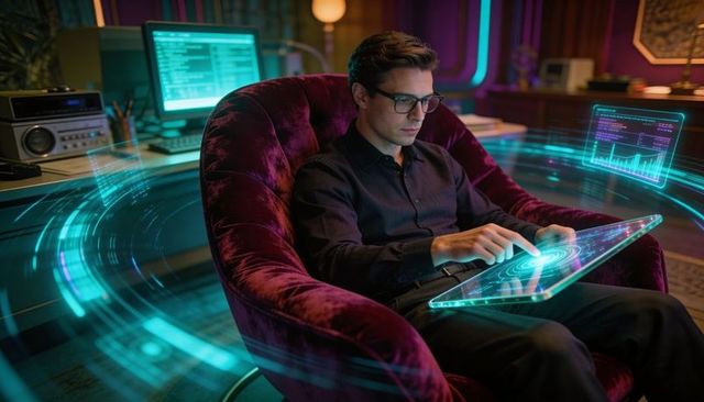 Young professional interacting with holographic tablet in neon retro futuristic workspace
