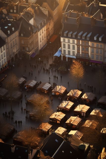 This image captures an aerial perspective of a European Christmas market during dusk. Warm hues from the setting sun illuminate the bustling town square, where numerous festive stalls are set up. Trees without leaves add to the winter scenery, while groups of people wander through the market, indulging in holiday activities. Ideal for travel blogs, holiday season promotions, cityscape posters, and editorial use.
