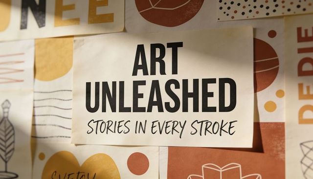 Art unleashed poster showing creative moodboard with geometric prints and curled corner