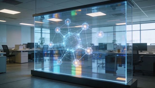 Holographic network display projecting futuristic blue neural nodes in modern office