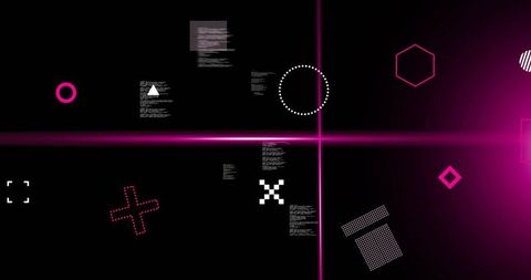 Glowing magenta grid with neon geometric elements, pixel x and futuristic digital interface