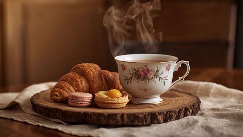 Steaming Floral Porcelain Teacup with Croissant, Macaron and Egg Tart on Wood Slab