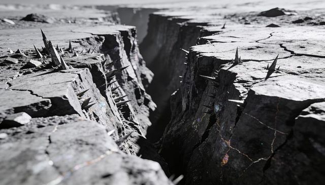 Jagged fissure splitting barren rock plateau with sharp spires and mineral veins