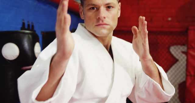 Martial artist in a gym setting practicing karate, with hands raised in a combat stance. This image is useful for articles, advertisements, and educational material related to martial arts, fitness, self-defense training, and traditional sports. Can be used by gyms and martial arts schools for promotional content.