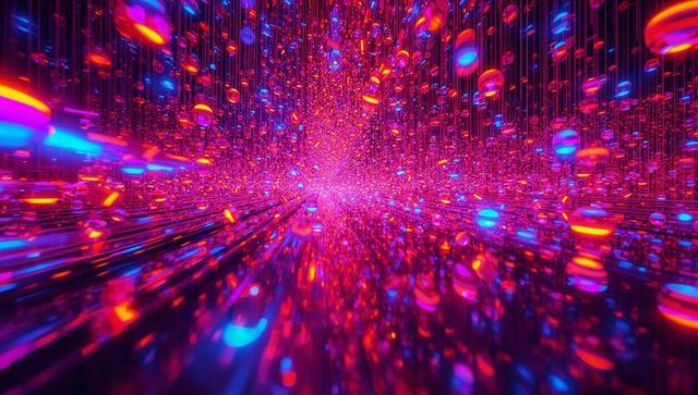 Neon particle tunnel with glowing orbs and mirrored reflections leading to vanishing point