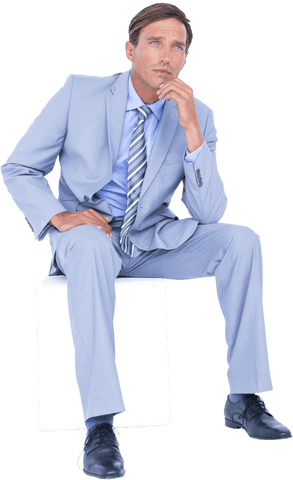 Transparent Businessman in Thoughtful Pose Sitting on Rectangle