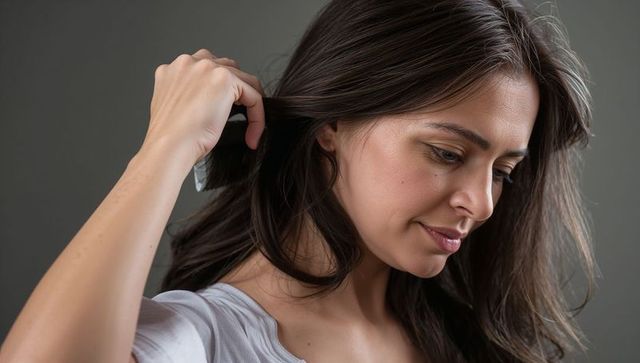 Tilting long dark-haired woman holding small rectangle, wearing gray tee and hoop earring